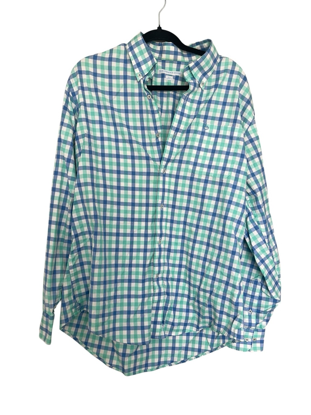 Southern Tide Plaid Button-Up Shirt in Mint, Blue & White
